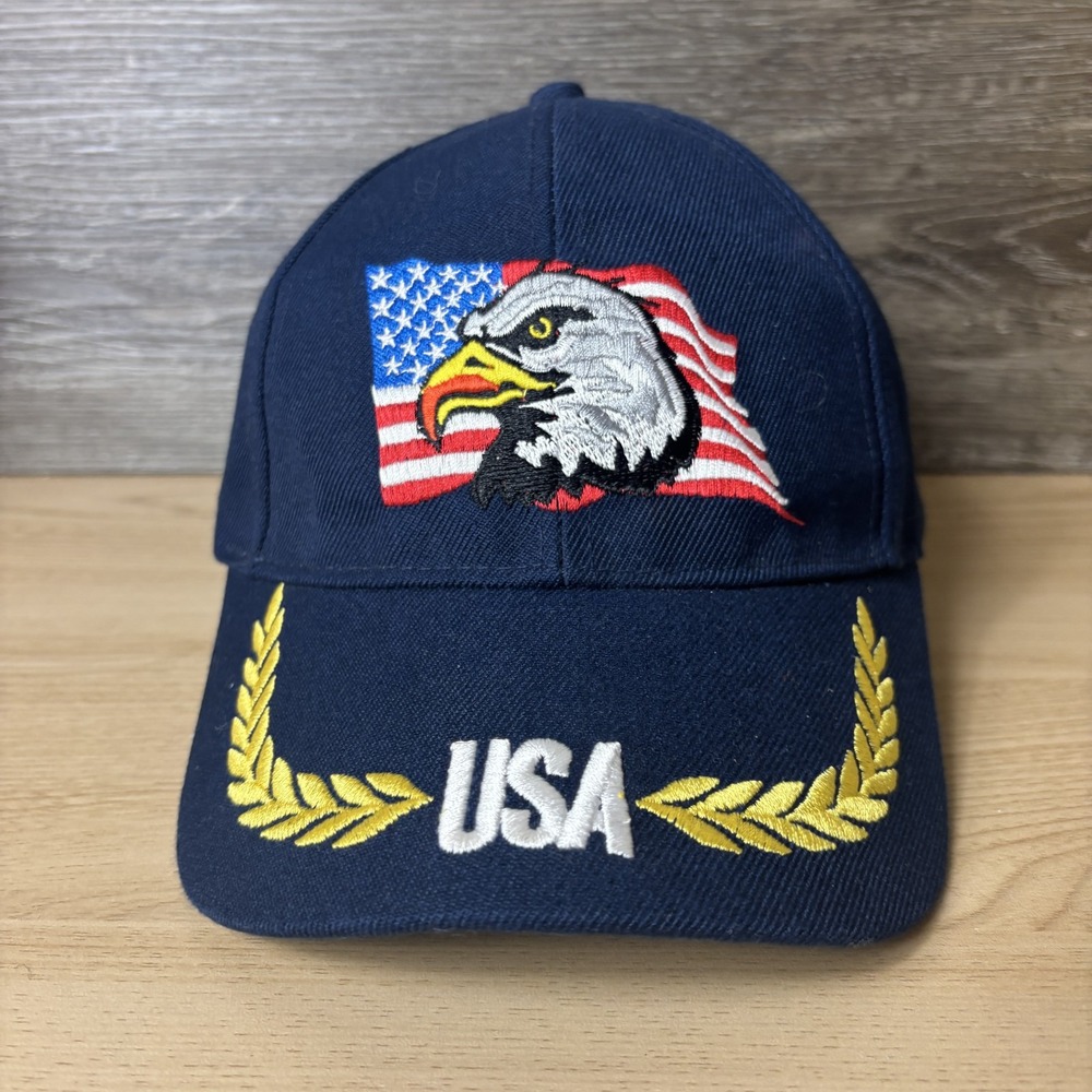 USA Eagle Flag Hat Cap Strap Back Embroidered Patriotic Mens American Bald Eagle